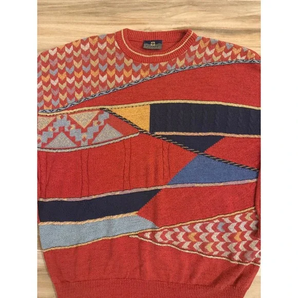 Vintage Fiume Italy Geometric Abstract Knit Sweater Red Multi Color Mens XL - Picture 4 of 7